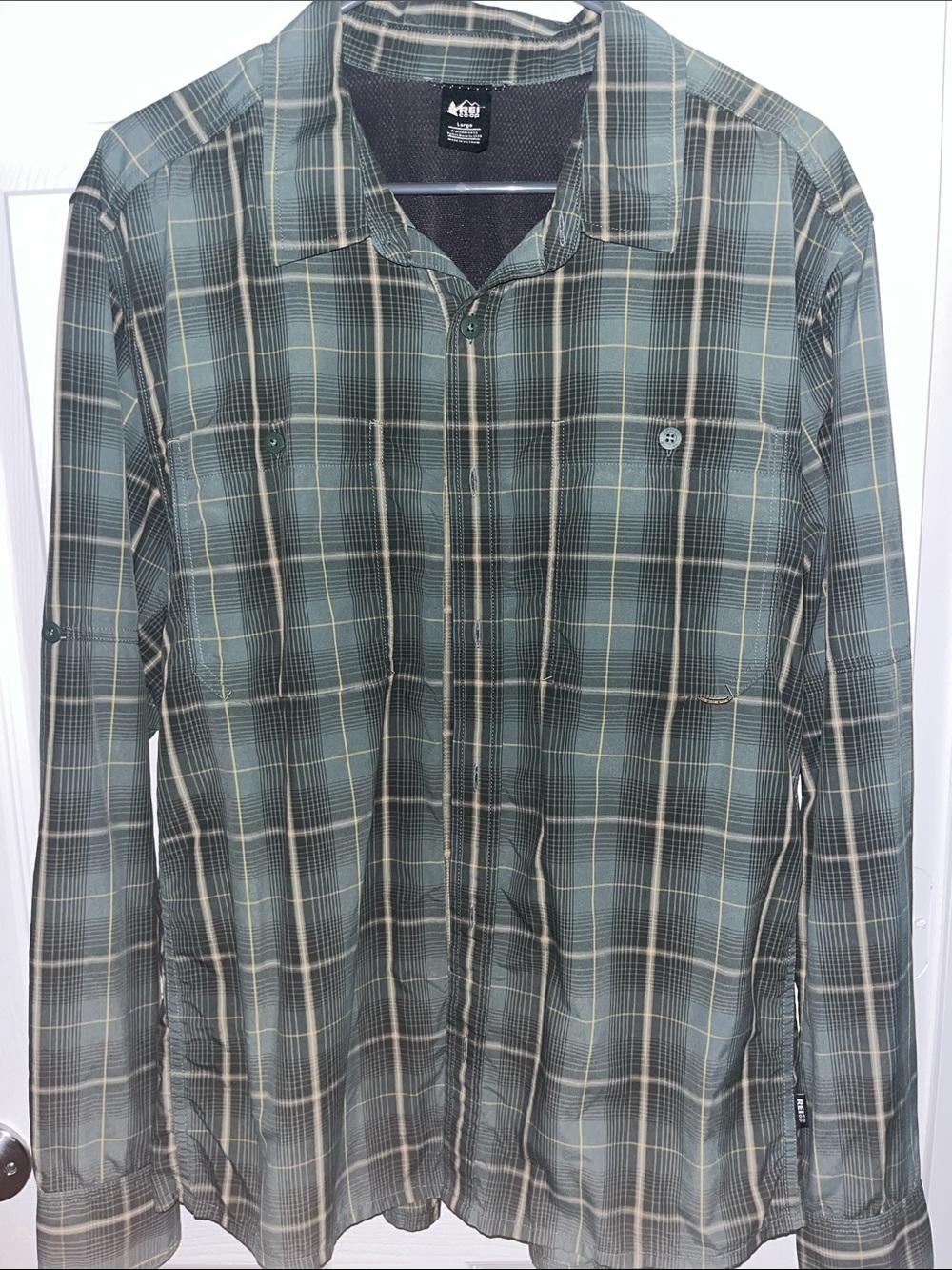 REI Green and Cream Plaid Men's Button-Down Shirt